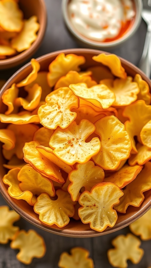 A bowl of crispy homemade potato chips with paprika, served with a dip.